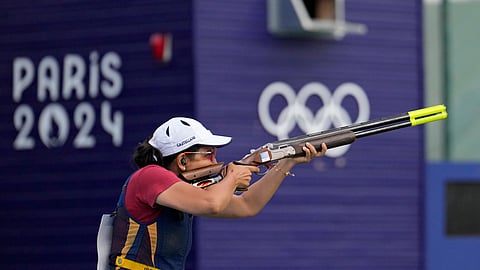 India's Maheshwari Chauhan competes in the Skeet women's qualification round at the 2024 Summer Olympics.