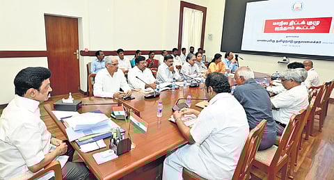 Chief Minister MK Stalin addressing the fifth meeting of the State Planning Commission in Chennai on Tuesday