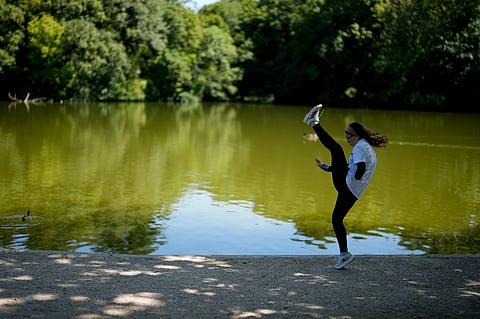 Afghan Taekwondo Paralympian Zakia Khudadadi, part of the Refugee Olympic Team, demonstrates her training routine after an interview with The Associated Press at the 2024 Summer Olympics, Monday, Aug. 5, 2024, in Paris, France.