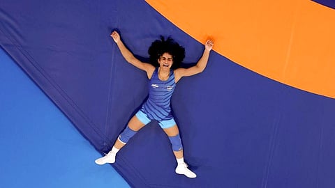 India's Vinesh Phogat after winning her Women's Freestyle 50kg Round of 16 wrestling match against Japan's Yui Susaki at the 2024 Summer Olympics, in Paris, France, Tuesday, Aug. 6, 2024