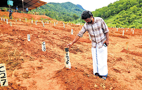 Chooralmala resident C Muraleedharan stands near the grave marked with the DNA identification number of a body which he suspects to be that of his cousin Haridas, at the mass burial ground in Puthumala on Tuesday