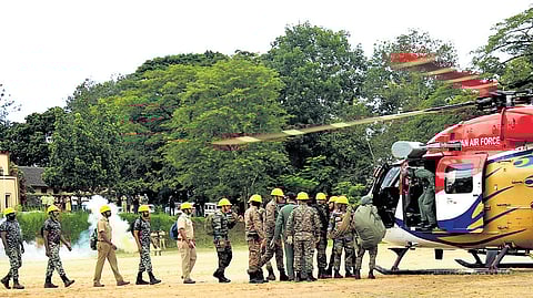 A 12-member team, including trained Army commandos, SOG commandos of Kerala Police and forest officials, heads to the helicopter for a special search operation in the high-risk area from Soochipara waterfalls to Pothukallu