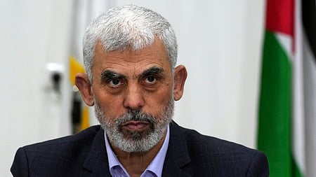 Yahya Sinwar chairs a meeting with leaders of Palestinian factions at his office in Gaza City, April 13, 2022. 