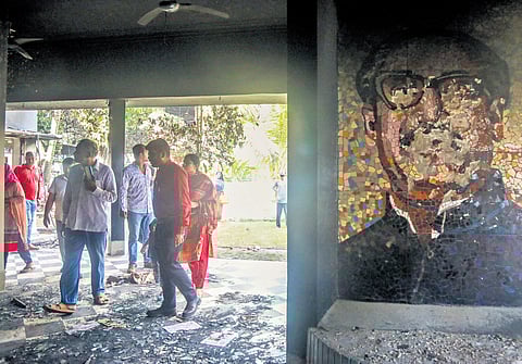 People gather at the residence of Sheikh Mujibur Rahman, the father of former prime minister Sheikh Hasina, in Dhaka