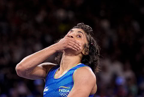 Paris: Wrestler Vinesh Phogat reacts after the round of 16 of the women's freestyle 50kg wrestling match against Japan's Yui Susaki, at Champ-de-Mars Arena, in Paris, France, Tuesday, Aug. 6, 2024
