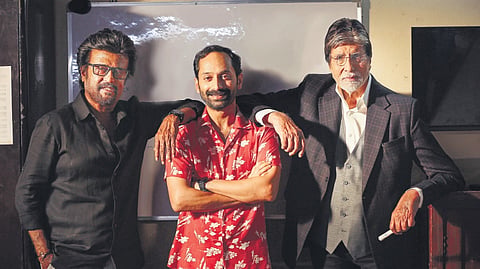  Vettaiyan team shared a photo of Fahadh standing humbly between Rajinikanth and Amitabh Bachchan.