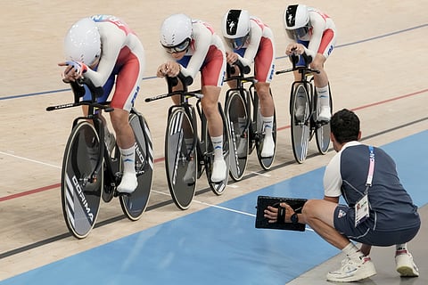 France's Clara Copponi, Valentine Fortin, Marion Borras and Marie le Net compete during the women's team pursuit event, at the Summer Olympics on  Wednesday.