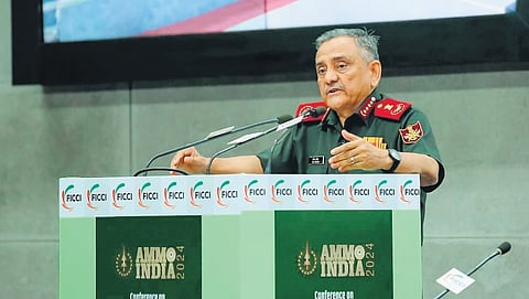Chief of Defence Staff General Anil Chauhan speaks at the FICCI conference in New Delhi on Thursday.