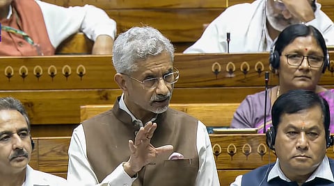 External Affairs Minister S Jaishankar speaks in the Lok Sabha during Monsoon session of Parliament, in New Delhi, Friday, Aug. 9, 2024.
