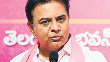 BRS working president KT Rama Rao addresses the media at Telangana Bhavan in Hyderabad on Friday