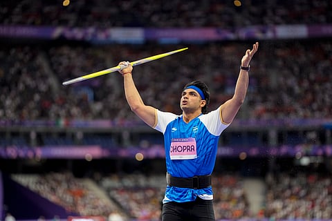 India's Neeraj Chopra competes in the men's javelin throw final at the 2024 Summer Olympics, in Paris, France, Thursday, Aug. 8, 2024.