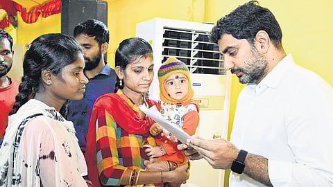 Minister Lokesh takes representations from the public during Praja Darbar 