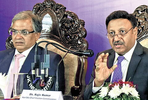 Chief Election Commissioner Rajiv Kumar during a press conference in Jammu.