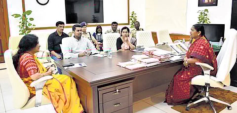 Minister Danasari Anasuya during a video conference held by Union Minister for Women and Child Development Annapurna Devi in Hyderabad on Saturday