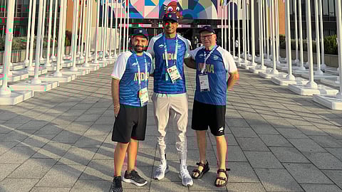 Neeraj Chopra with his coach Klaus Bartonietz (right) and physio Ishaan Marwah (left)