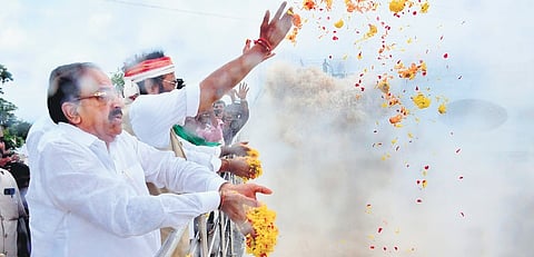 Ministers N Uttam Kumar Reddy and Thummala Nageswara Rao perform jala puja after a trial run of a Sita Rama project pump house at Pusugudem in Mulakalapalli mandal of Bhadradri Kothagudem district on Sunday
