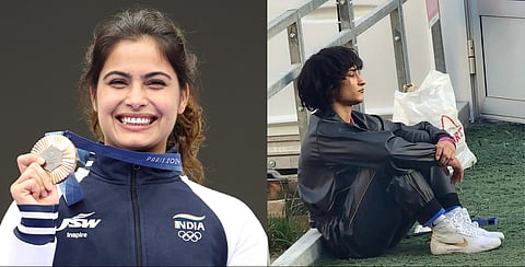 Manu Bhaker after winning the bronze medal (L), Vinesh Phogat (R) after being disqualified from the finals of Olympics 2024. 