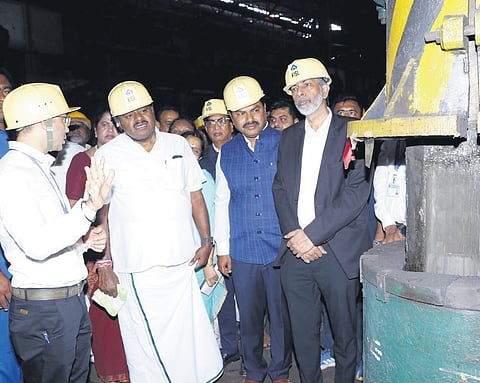 Union Minister of Steel and Heavy Industries H D Kumaraswamy and MP B Y Raghavendra during their visit to VISL in Bhadravathi on June 30