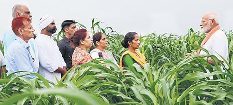 PM Narendra Modi during the release of 109 crop varieties, at India Agricultural Research Institute in New Delhi on Sunday.
