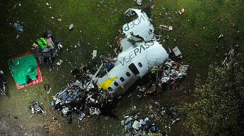 The debris at the site where an airplane crashed with 61 people on board, in Vinhedo, Sao Paulo state, Brazil, early on Saturday, Aug. 10, 2024.