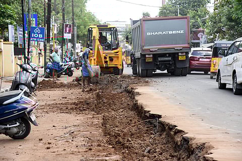 Underground drainage works under way at Thillai Nagar on Monday