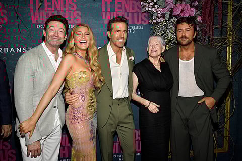 Hugh Jackman, Blake Lively, Ryan Reynolds, Tammy Reynolds, and Brandon Sklenar attend the world premiere of "It Ends with Us" at AMC Lincoln Square on Tuesday, Aug. 6, 2024, in New York. 