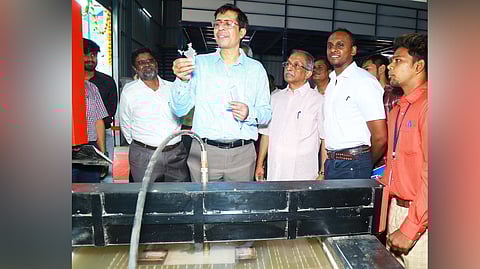 IIT Madras director V Kamakoti inaugurates India’s first indigenous abrasive waterjet machine in Thoraipakkam.
