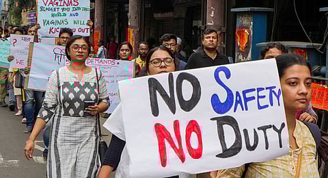 Junior doctors, trainee doctors and medical students protest against the sexual assault and killing of a postgraduate trainee doctor, in Kolkata, Monday, Aug. 12, 2024.