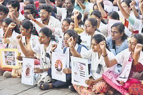Members of resident doctor association protesting at Rajiv Gandhi Government General Hospital on Tuesday 