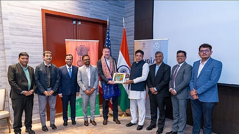 IT Minister D Sridhar Babu presents a memento to AWS Data Centre V-P Kerry Person on Sunday.