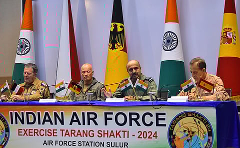 Indian Air Chief Marshal VR Chaudhari, along with German Lt. Gen. Ingo Gerhartz, General Stephane Mille, Chief of Staff of the French Air and Space Force and Spain's Chief of Staff of the Air and Space Force (SAF), Francisco Braco Carbó addressing  the press meet atThe International Defence and Aviation Exhibition at Sulur Airforce Station in Coimbatore 