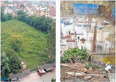 (L-R) Site in Budhela village in Vikaspuri before and after construction.