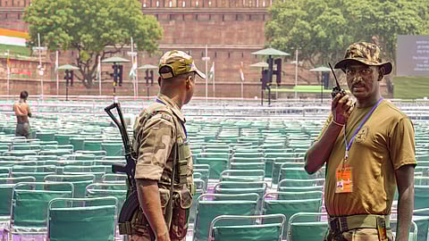 Security personnel at the Red Fort premises ahead of the Independence Day celebrations, in New Delhi.