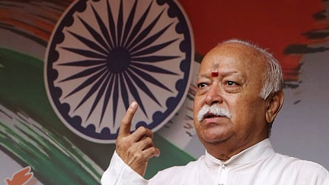 Rashtriya Swayamsevak Sangh (RSS) chief Mohan Bhagwat addresses the gathering on 78th Independence Day at RSS headquarters, in Nagpur, Thursday, Aug. 15, 2024.