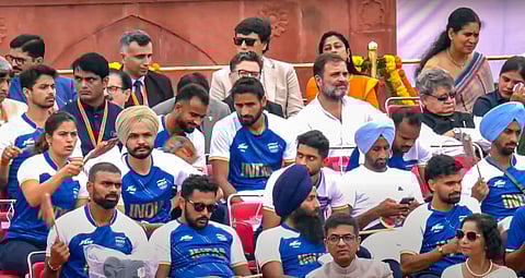 Leader of Opposition in Lok Sabha Rahul Gandhi seated in the fifth row during the 78th Independence Day celebration at the Red Fort, in New Delhi, Thursday, Aug. 15, 2024. 