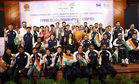 Union minister of sports Mansukh Mandaviya with the  Indian paralympic contingent.
