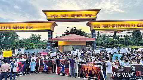 Students and resident doctors protest outside AIIMS-Bhubaneswar 