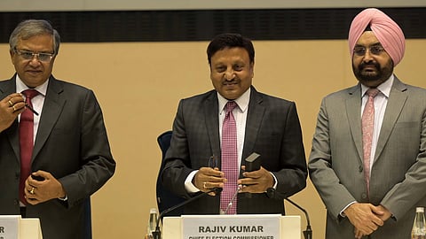 Chief Election Commissioner Rajiv Kumar with election commissioners Gyanesh Kumar and Sukhbir Singh Sandhu.