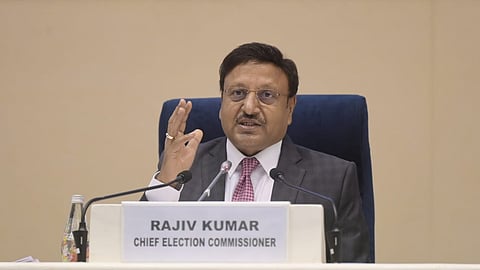 Chief Election Commissioner Rajiv Kumar addresses a press conference to announce the schedule for elections to legislative assemblies in New Delhi on Friday.