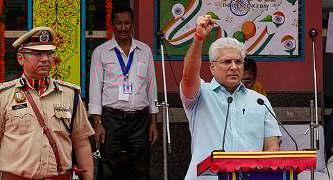 Delhi Home Minister Kailash Gahlot addresses the 78th Independence Day celebrations at Chhatrasal Stadium, in New Delhi, Thursday, Aug. 15, 2024.