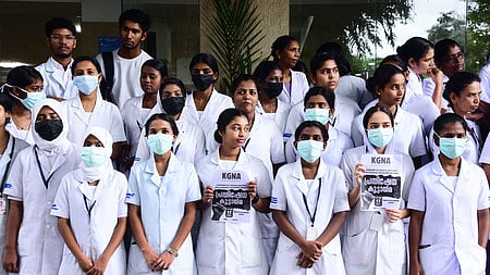Kerala Government Nurses Association on Saturday protest before the Ernakulam General Hospital.
