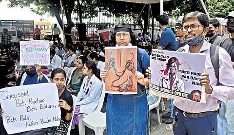 Members of the Indian Medical Association (IMA) gather at Dharna Chowk to protest the rape and murder of the doctor in Kolkata. The IMA called for the boycott of OP and Elective OT services in support of the nationwide protest 