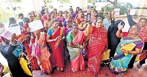 Women who gathered at the Coimbatore district collectorate on Saturday after the rumours spread on WhatsApp