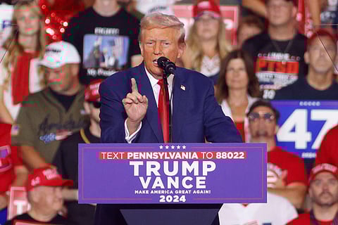 Republican presidential nominee former President Donald Trump speaks at a campaign rally 
