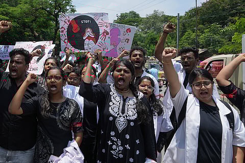 Doctors shout slogans during a nationwide protest against the rape and killing of a trainee doctor at a government hospital in Kolkata last week, in Hyderabad,