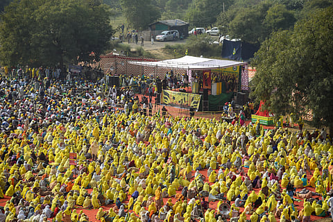 An aerial view of farmers attending a gathering at Pakora Chowk near Tikri Border to observe the anniversary of protests against the three farm laws.