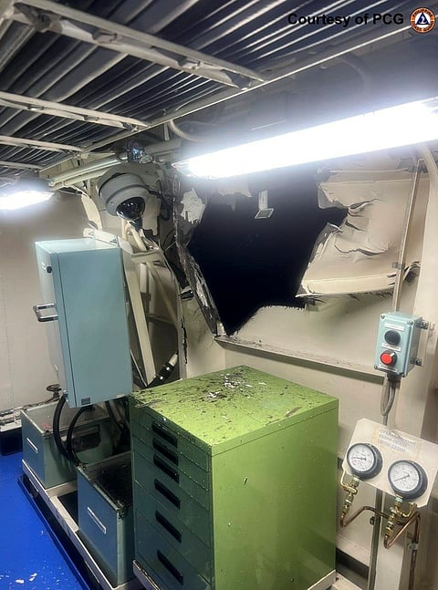 Damage in the auxiliary room on the port side near the port auxiliary engine of Philippines coast guard vessel.