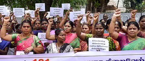 Part-time Specialist teachers stage a demonstration to demand job regularisation in Tiruchy on Monday