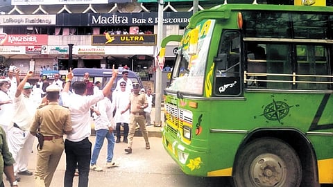 The damaged bus in Mangaluru on Monday