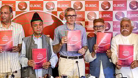 National Conference Vice President Omer Abdullah with party leaders releases party manifesto at a press conference.